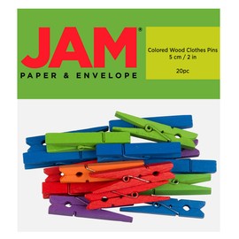JAM PAPER Wood Clip Clothespins - Extra Large - 2 Inch - Assorted Colors - 20 Clothes Pins/Pack