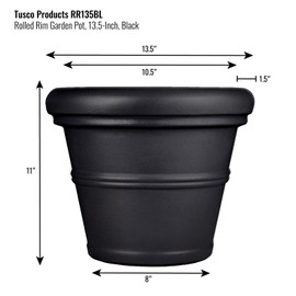 Tusco Products RR135BK Rolled Rim Garden Pot Planter, Black