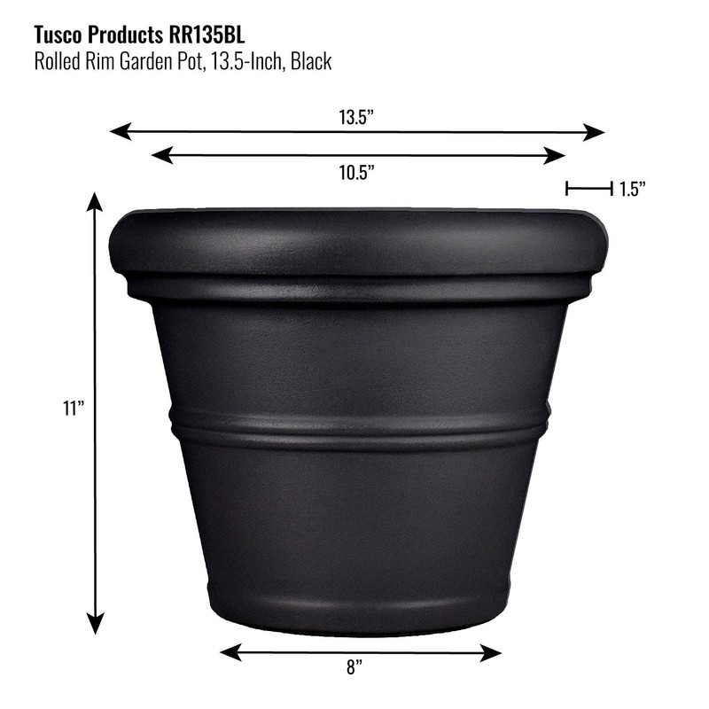 Tusco Products RR135BK Rolled Rim Garden Pot Planter, Black