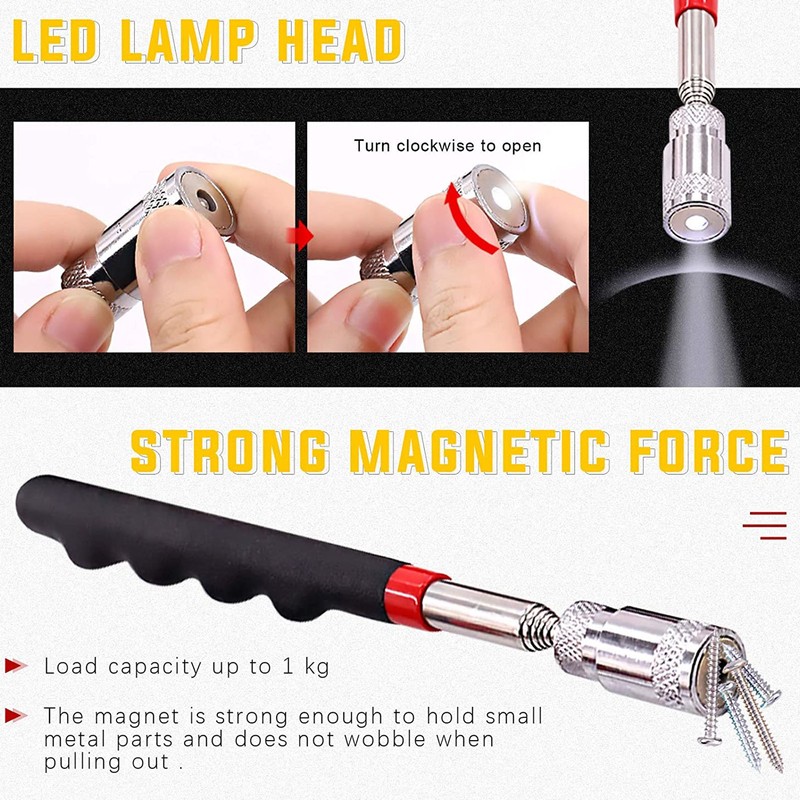 5Pcs Telescoping Magnetic Pickup Tool 360° Rotation Shock Resistant LED