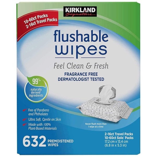 Kirkland Signature Moist Flushable Wipes, 632 Wipes, 632 Count