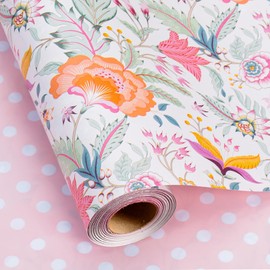 Merture Floral Wrapping Paper Roll with Pink Polka Dots Reverse - 17 In X 32.8 Ft(46.5 sqft) Vibrant Flower Desgin Gift Wrap for Mothers Day, Valentines Day, Birthday, Wedding, Anniversary