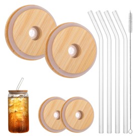 4 Pack Bamboo Lids for Glass Cups, Reusable Canning Lids with Straw Hole for Mason Jar,Drinking Jars and Beer Glasses, Fit for 70mm Internal Diameter Airtight Regular Mouth with Covers (70mm/2.75in)