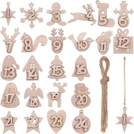 24 Pcs Christmas Advent Calendar Numbers 1-24 Christmas Wooden Countdown Labels Pendant Xmas Tree Hanging Ornaments with Hemp Rope for Christmas Tree Decoration, DIY Crafts Gift Tags