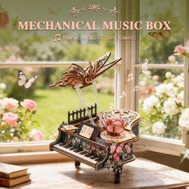 3D Wood Puzzles for Adults, Mechanical Music Box-Retro Flowers Piano Music Box, DIY Rotating Model Building Kits for Teens, DIY Crafts/Desk Decor Hobbies for Women Men