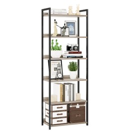 NUMENN Bookshelf, 6 Tier Bookshelves, Home Office Bookcase Shelf Storage Organizer, Free Standing Storage Shelving Unit for Bedroom, Living Room and Home Office, Grey