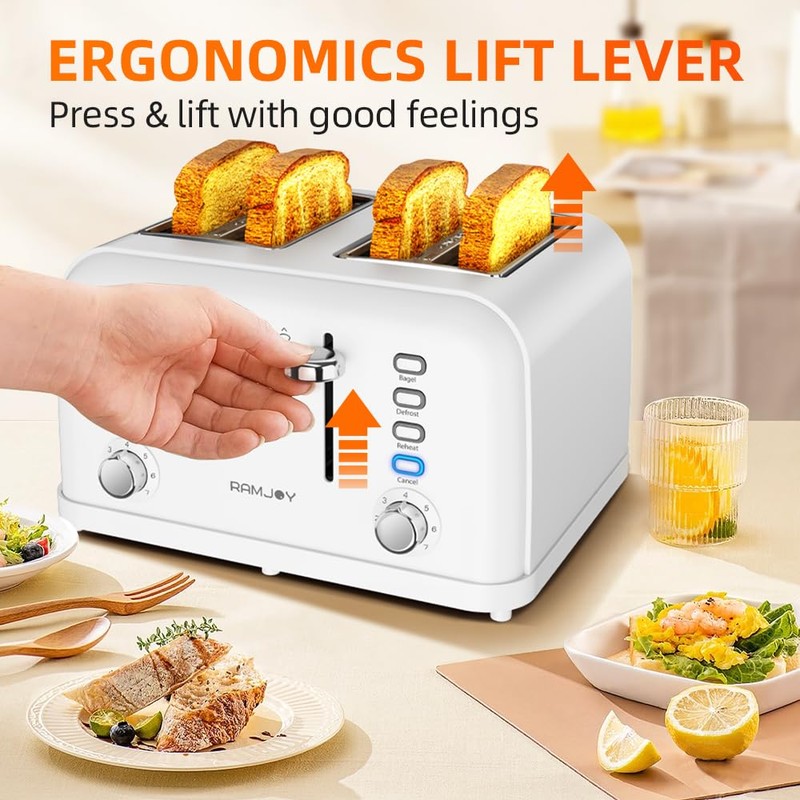 RAMJOY White Toaster 4 Slice, Dual Independent Controls, Extra Wide