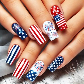 24Pcs 4th of July Press on Nails Glossy White Star False Nails Independence Day Gel Glue on Nail Fourth of July Acrylic Medium Square Fake Nail American Flag Stick on Fingernails for Women Girls