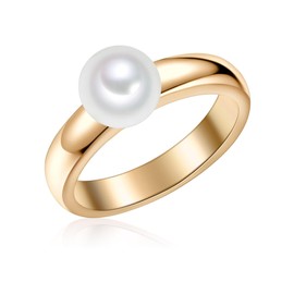 Valero Pearls Women's Ring 925 Sterling Silver Yellow Gold-Plated Freshwater Cultured Pearl Round 7.5-8 mm White Modern Ring Pearl Ring Yellow Gold Colours, 64
