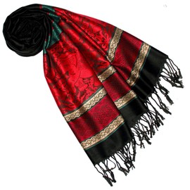 Lorenzo Cana - Designer Pashmina Scarf Jacquard Woven with Elephants Pattern 68 x 190 cm Natural Fibre, Black-Red-Gold