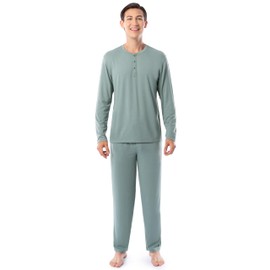 Fruit of the Loom Men's 360 Stretch Long Sleeve Henley Top and Pant Sleep Pajama Set, Green