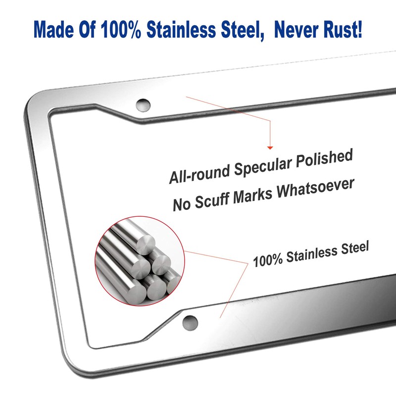 BGGTMO Stainless Steel License Plate Frames- 2 Pack Heavy Duty