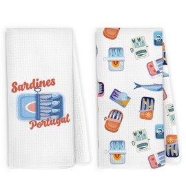 Pugwak Sardine Fishing Kitchen Dish Towels 16x24 Inch Set of 2, Fish Themed Gifts for Women, Coastal Beach Sardine Tin Decorative Hand Towel Tea Towels for Kitchen Bathroom