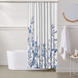 Stall Shower Curtain 36 x 72 Inch, Small Floral Leaves for Bathroom with Hooks, Blue Waterproof Textured Bath Shower Curtain Set for Hotel Home RV - 36 x 72 Inch