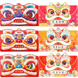 Red Envelopes Chinese New Year Red Envelope, Year of the Snake Red Envelope 2025 Red Packets Hong Bao, Gift Lucky Money Envelopes, Spring Festival, Birthday Wedding 6 Designs 12 Pcs Large Lion Set4