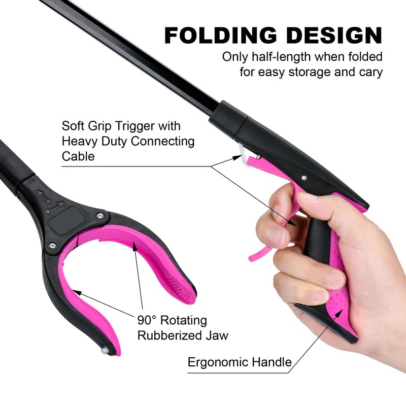32" Grabber Reacher Tool, 360° Rotating Head, Wide Jaw, Foldable