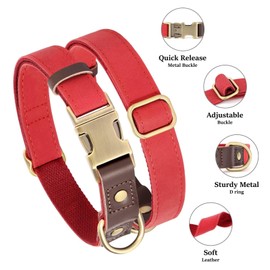 Didog Soft Padded Leather Collar for Large Dogs Classic Dog Collar with Metal Quick Release Adjustable Large Size Faux Leather Red L
