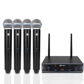 W IN-MIX Wireless Microphone System, 4 UHF Handheld Mic Set, Fixed Frequency, 260ft Range - Cordless Microphone for Singing, Karaoke, Meeting, Church, Wedding, Conference