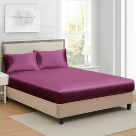 Lanest Housing Twin Silk Satin Fitted Sheet, Soft Deep Pocket Single Bottom Bed Sheets Sold Separately, Wrinkle Free, Non- Fading, Breathable, Fully Elasticized(Twin Size, Purple)
