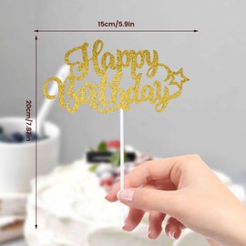 Goldene Happy Birthday-Kuchenaufsätze, kleines Glitzer-Happy Birthday-Schild mit Stick und Klebepunkt, niedliche Happy Birthday-Picks, Cheers, Dekorationen für Party, Mädchen, Männer, Frauen, Jungen,