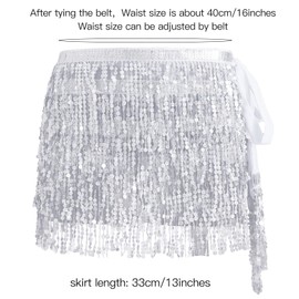 Women's Sequin Fringe Skirt Sparkle Tassel Skirts Belly Dance Hip Scarf for Women and Girls Festival Party Rave Costume (Silver)