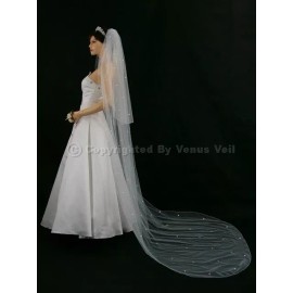 "Handmade" 2T White Cathedral Scattered 110 Rhinestones Pencil Edge Bridal Wedding Veil