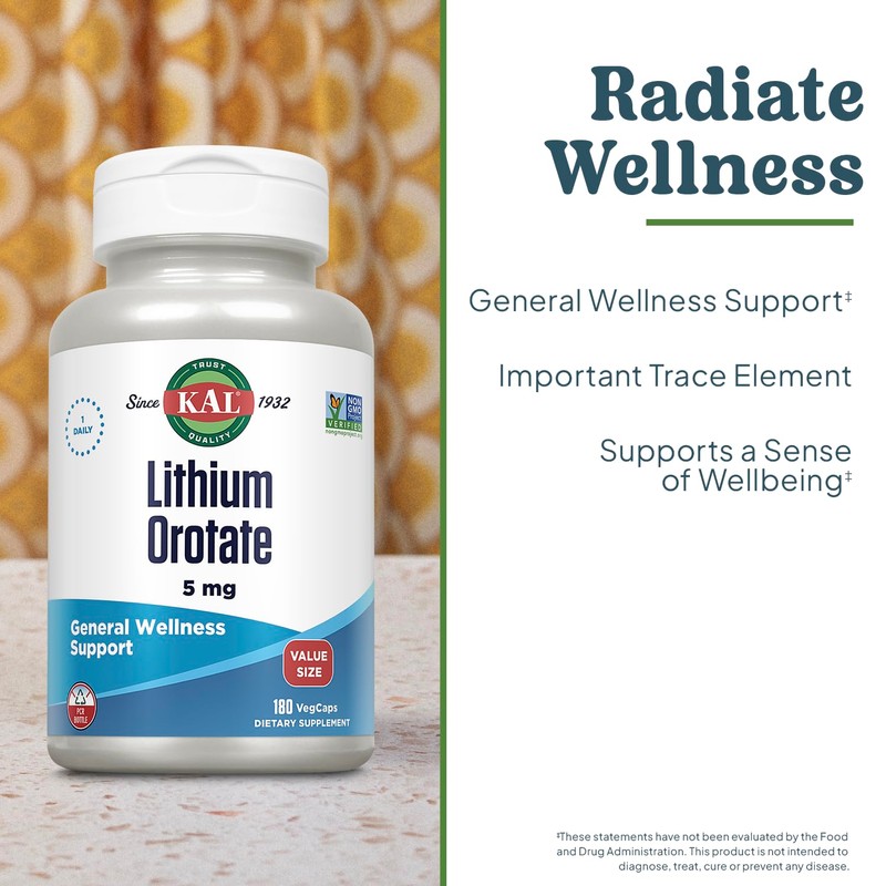 KAL Lithium Orotate 5mg, Low Dose Lithium Supplement for General
