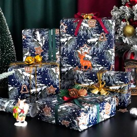 Christmas Wrapping Paper Roll, Navy Blue Christmas Wrapping Paper with Snowflake Pine Branch Gingerbread House Design, Vintage Gift Wrapping Paper for Xmas New Year Holiday Party, 17 Inch x 49 Feet