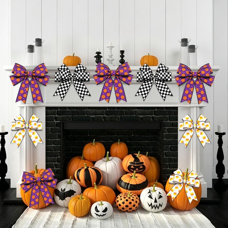 3 Rolls Halloween Wired Edge Ribbon Checkered Pumpkin Candy Corn