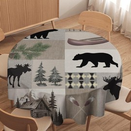 SHElifestyle Vintage Bear Tablecloth, Retro Bear Cottage Country Round Table Cover Rustic Cabin Farmhouse Style Tabletop Water Resistant Wipeable Tablecloths for Kitchen Dinning Decor 36"