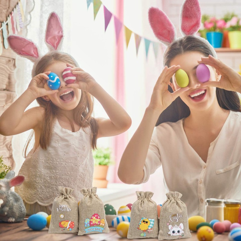 LOKIPA 12 Easter Jute Burlap Gift Bags with Drawstring,Small Easter