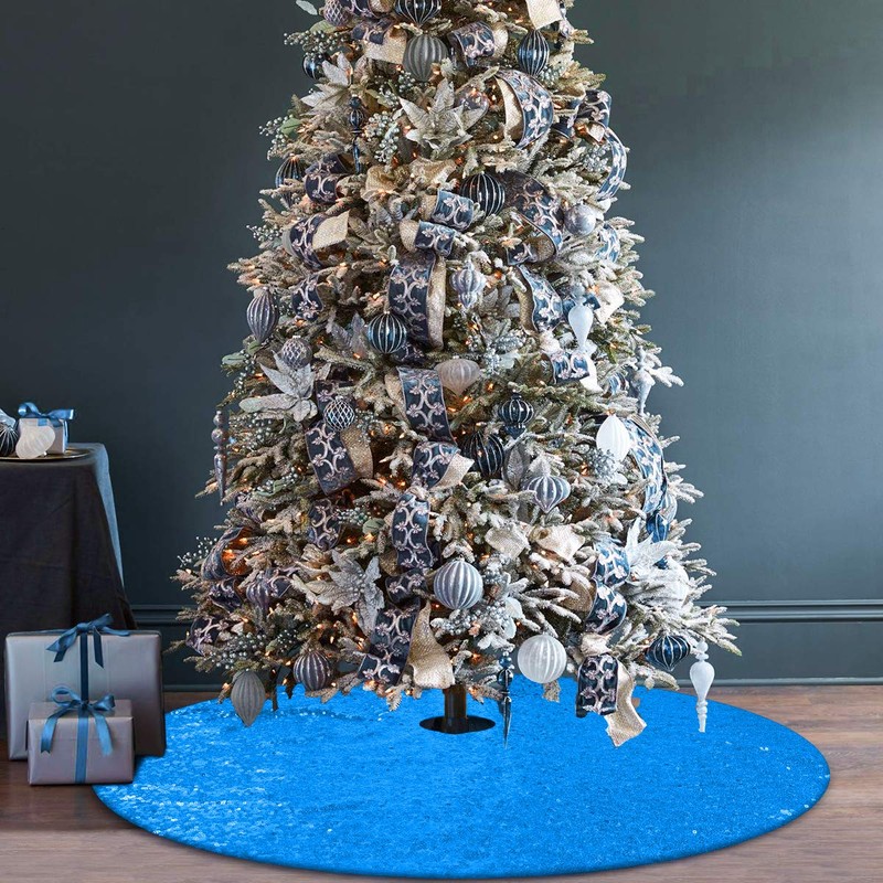 yuboo Teal Blue Christmas Tree Skirt, 48 Inch Sequin Double