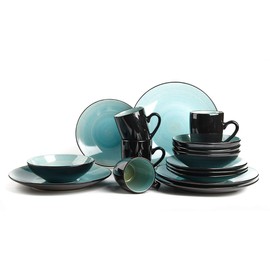 HomeVss, Stoneware Sonoma Dinnerware Set, Black + Speckled Spin Wash Turquoise
