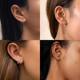 Thunaraz Sterling Silver Stud Hoop Earrings Set for Women Teen 3 Pairs 925 Sterling Silver Cartilage Earrings Stud Earring Huggie Earrings Set Silver 10mm