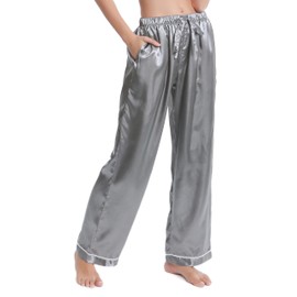 Lavenderi Women’s Silk Satin Pajama Pants, Long Sleep Pants with Drawstring (Silver Grey, Medium)