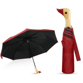 Natuquebrela UPF50+ Compact Duck Umbrella - Wooden Duck Handle UV Blocker Folding Parasol for Adults Kids Lightweight Sun Umbrellas