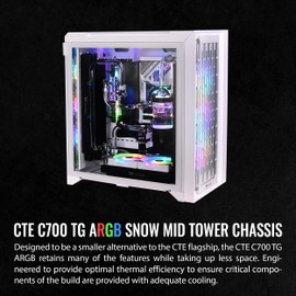 Thermaltake CTE C700 TG ARGB Snow Mid Tower with Centralized Thermal Efficiency Design; 3x140mm White CT140 ARGB Fans Pre-Installed; Tempered Glass Front & Side Panel; CA-1X7-00F6WN-01; White