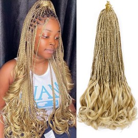 French Curl Crochet Braids 18 Inch Goddess Box Braids Crochet Hair for Women 7 Packs Pre Looped with Curly Ends Synthetic French Curly Braiding Hair Extensions P27/613