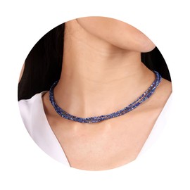 Gempires Blue Lapis Lazuli Beads Necklace, Multi Strand Beaded Necklaces, 3 Strand Necklace, September Birthstone,14k Gold Plated 18 inch Adjustable Chain