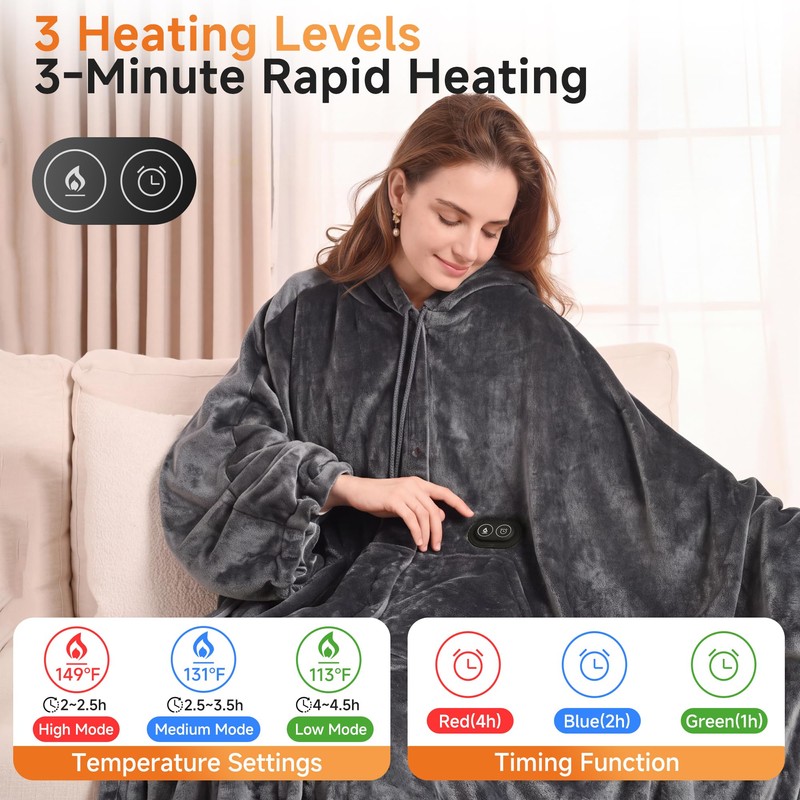 Cordless Wearable Heated Blanket Poncho, Portable Heated Shawl, 38x67