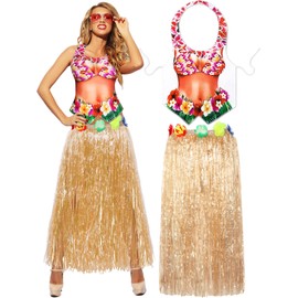 Bunnycool 2 Pcs Hawaiian Bikini Apron with Grass Skirt Funny Luau Summer Party Cosplay Costume for Hawaiian Adult Outfit(Woman)