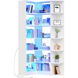 YITAHOME Corner Bookshelf with LED Light, White Bookshelf 6 Tier Corner Shelf L-Shaped Bookcase Storage Display Shelf for Home Office, Living Room, White