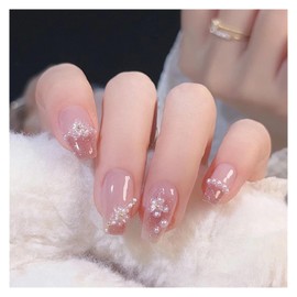 happykau Nail Tips, Set of 24, Nail Tips, Short, False Nails, Korean, Short, Popular, Coming-of-Age Ceremony, Stylish, Simple, Cute, Nail Stickers, Beginners, Practice (D)