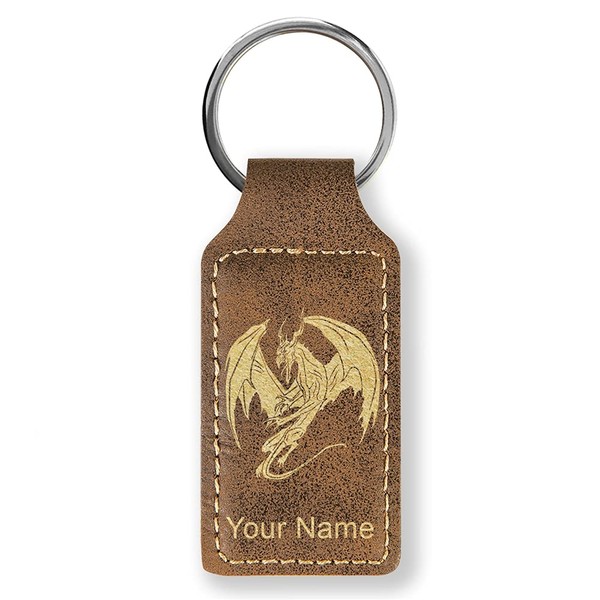 LaserGram Rectangle Keychain, Dragon, Personalized Engraving Included (Rustic with Gold)