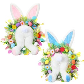Zeyune 2 Pcs 18.1"x 11.4" Easter Bunny Wreath with Colorful Eggs Artificial Easter Wreath Mixed Flowers Green Leaves Hanging Bunny Shaped Wreath with Straw Hat and Bow for Front Door Wall (Bunny Tail)