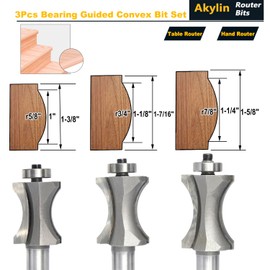 Akylin's 3Pcs Convex Edge Oval Router Bit Set 1/2" Shank, Shallow Bullnose at 1",1-1/8",1-1/4" Length,Convex Column Molding Router Bits-Perfect for Stair Treads and Shelf Edges