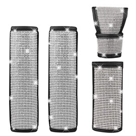 GES 2 Packs Univeral Diamond Leather Seat Belt Shoulder Pads for Women, Bling Rhinestones Car Bling Seat Belt Covers, Crystal Handbrake Cover, Bling Car Accessories 4 Pack Set Universal