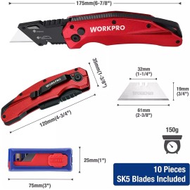 WORKPRO Folding Utility Knife Red with 10 Extra SK5 Blades Heavy Duty Metal NEW