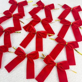 24pcs Velvet Bows for Christmas Tree, 8.5cm Small Twist Tie Bows for Gift Wrapping, Wreaths, Craft, Christmas Decorations (Red)