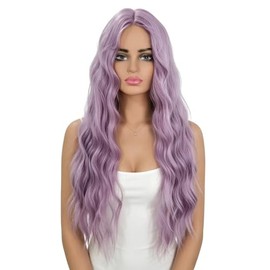 Raysman Peluca Sintética Ondulada Larga para Mujer, Color Lila, Fibra Resistente al Calor, Raya al Centro, Ideal para Cosplay y Fiestas
